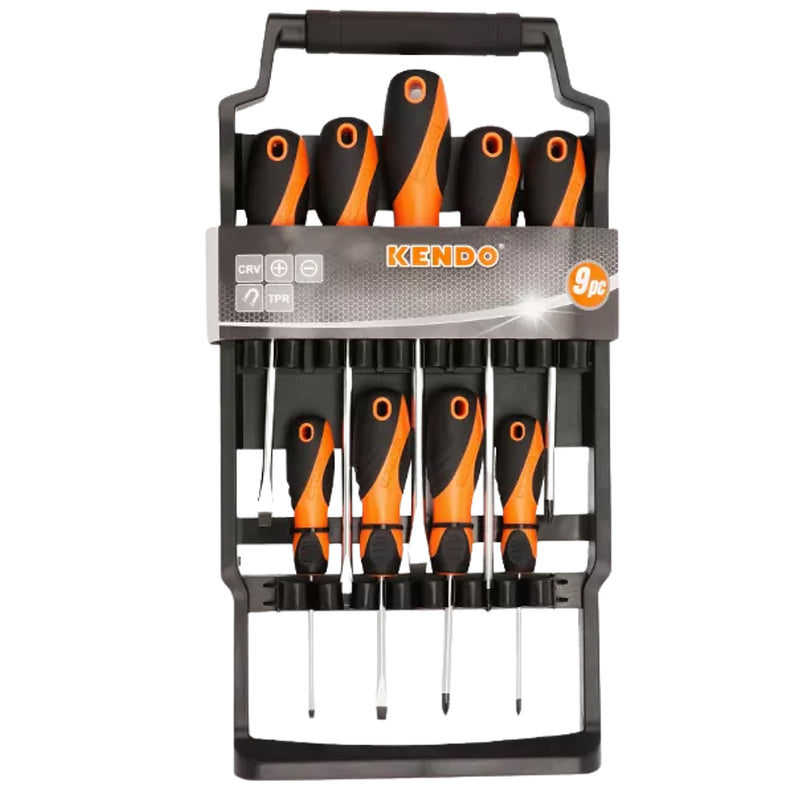 Bộ tua vít 9 chi tiết Kendo 20214 (Tua vít dẹp - Tua vít bake) có giá treo bằng nhựa, vật liệu thép Cr-V