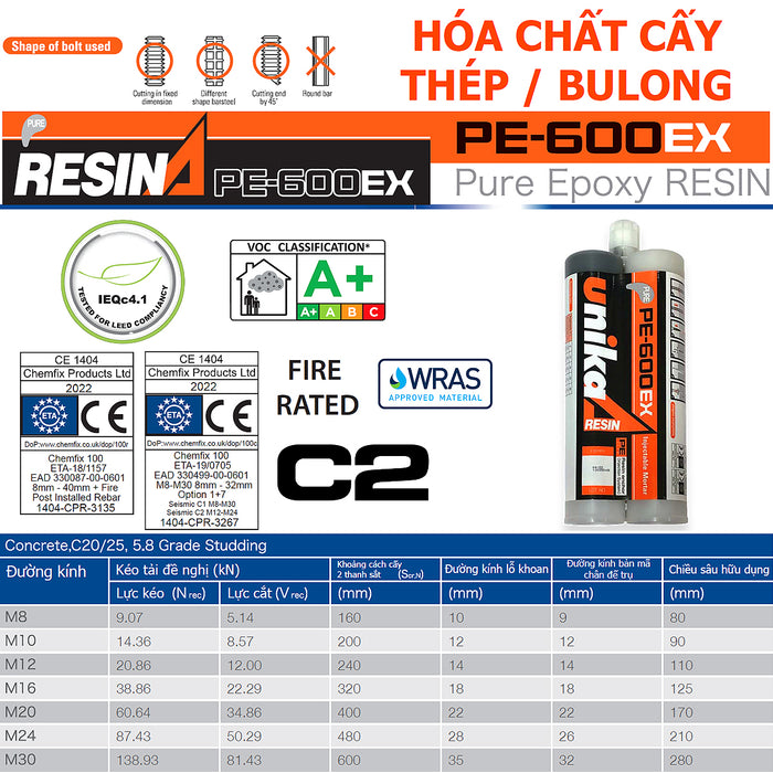Hóa chất cấy thép và bu lông 2 thành phần Unika PE-600EX, dung tích 600ml