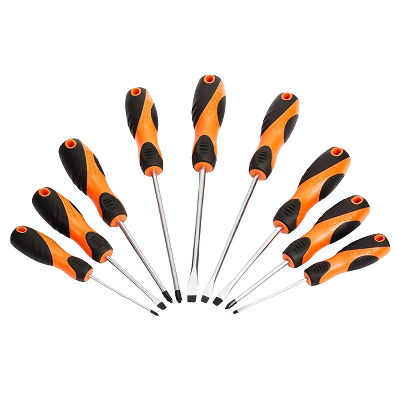 Bộ tua vít 9 chi tiết Kendo 20214 (Tua vít dẹp - Tua vít bake) có giá treo bằng nhựa, vật liệu thép Cr-V