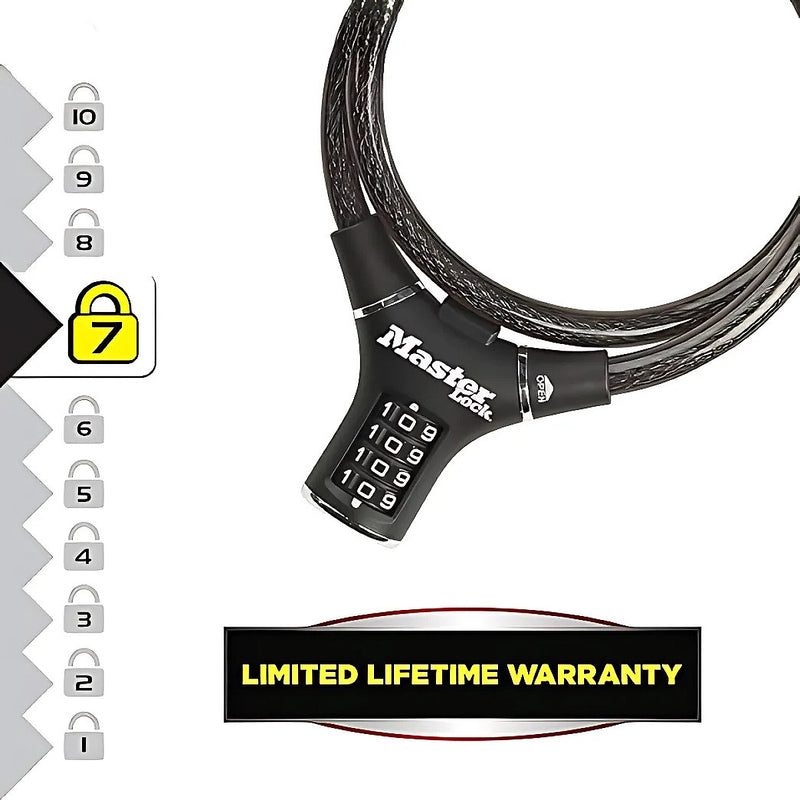 Ổ khóa dây 4 cọc số Master Lock 8229 cao cấp, dây khóa bằng sợi cáp tháp cứng được bọc nhựa vinyl dài 0.9m