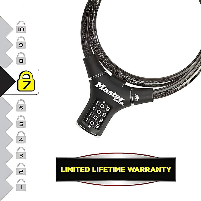 Ổ khóa dây 4 cọc số Master Lock 8229 cao cấp, dây khóa bằng sợi cáp tháp cứng được bọc nhựa vinyl dài 0.9m