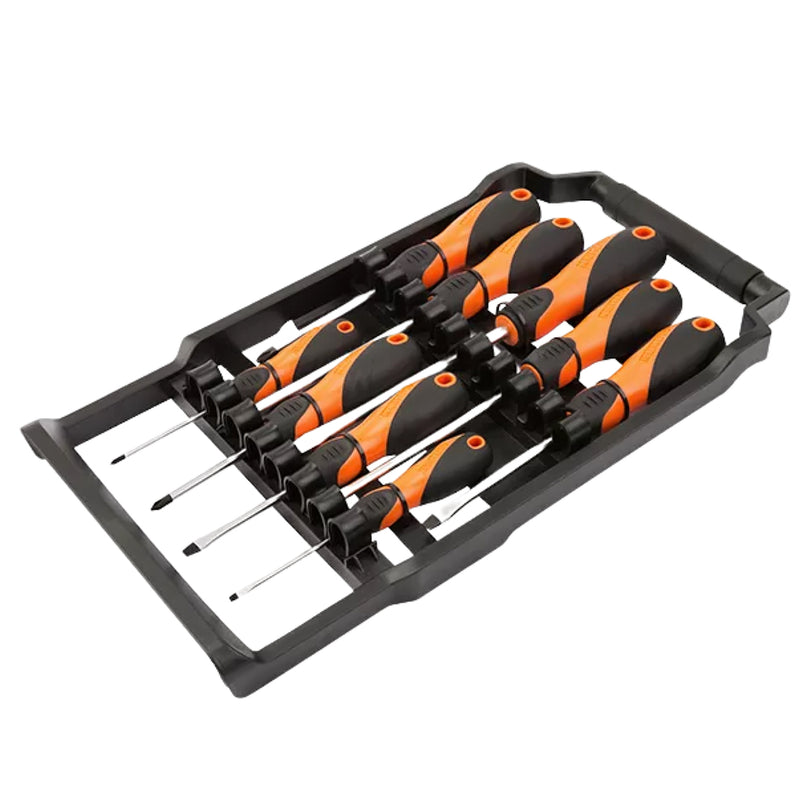 Bộ tua vít 9 chi tiết Kendo 20214 (Tua vít dẹp - Tua vít bake) có giá treo bằng nhựa, vật liệu thép Cr-V