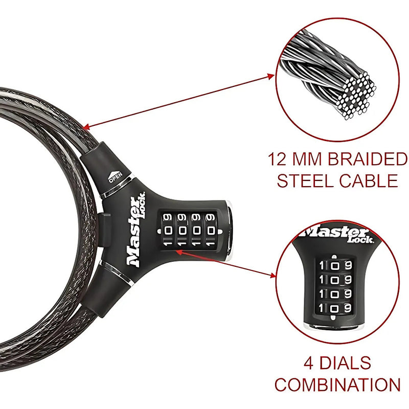 Ổ khóa dây 4 cọc số Master Lock 8229 cao cấp, dây khóa bằng sợi cáp tháp cứng được bọc nhựa vinyl dài 0.9m