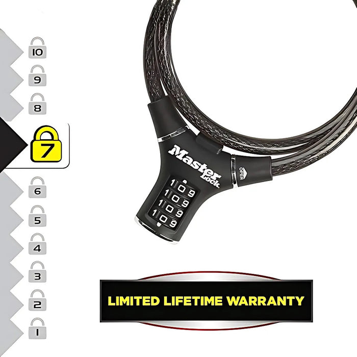 Ổ khóa dây 4 cọc số Master Lock 8229EURDPROCOL, dây khóa bằng sợi cáp tháp cứng được bọc nhựa vinyl nhiều màu dài 0.9m