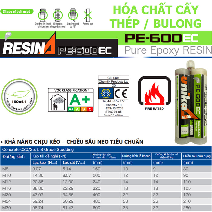 Hóa chất cấy thép và bu lông 2 thành phần Unika PE-600EC, dung tích 600ml