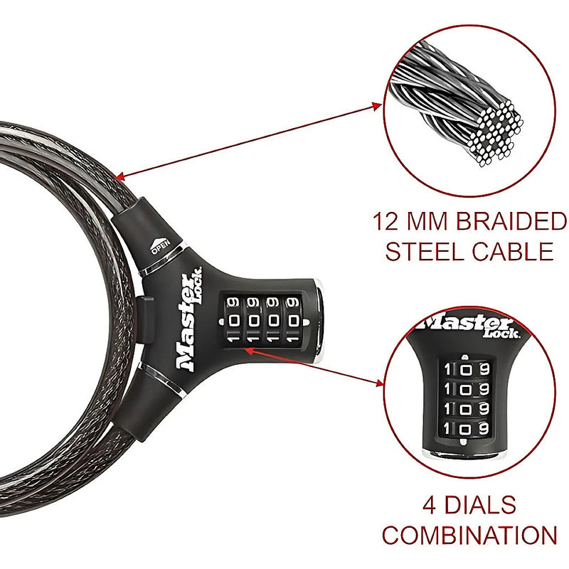 Ổ khóa dây 4 cọc số Master Lock 8229EURDPROCOL, dây khóa bằng sợi cáp tháp cứng được bọc nhựa vinyl nhiều màu dài 0.9m