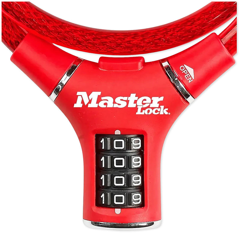 Ổ khóa dây 4 cọc số Master Lock 8229EURDPROCOL, dây khóa bằng sợi cáp tháp cứng được bọc nhựa vinyl nhiều màu dài 0.9m