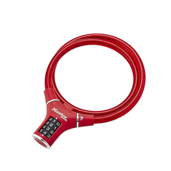 Ổ khóa dây 4 cọc số Master Lock 8229EURDPROCOL, dây khóa bằng sợi cáp tháp cứng được bọc nhựa vinyl nhiều màu dài 0.9m