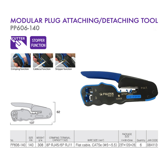 Kìm bấm mạng đa năng Fujiya PP606-140 kích thước 140mm,bấm cosse RJ45/RJ11, cắt và tuốt dây