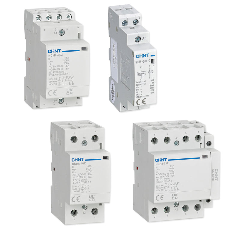 Khởi động từ thân mỏng Chint NCH8 series, tải danh định từ 20A ~ 63A, dòng coil khởi động 230V/AC. Tiêu chuẩn quốc tế