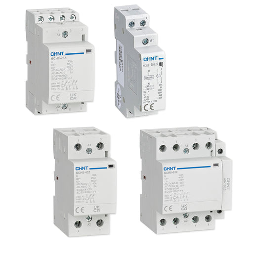 Khởi động từ thân mỏng Chint NCH8 series, tải danh định từ 20A ~ 63A, dòng coil khởi động 230V/AC. Tiêu chuẩn quốc tế