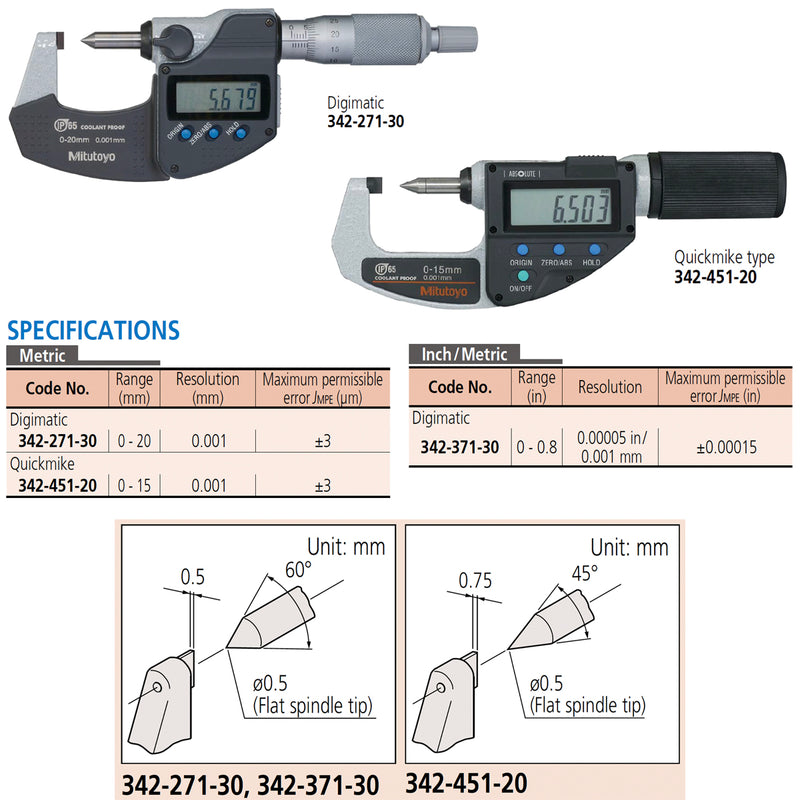 Panme điện tử Mitutoyo Quick Mike Series 342 - Crimp Height Micrometers, Dòng Quick Mike đo nhanh, Chuyên đo đầu Cosse