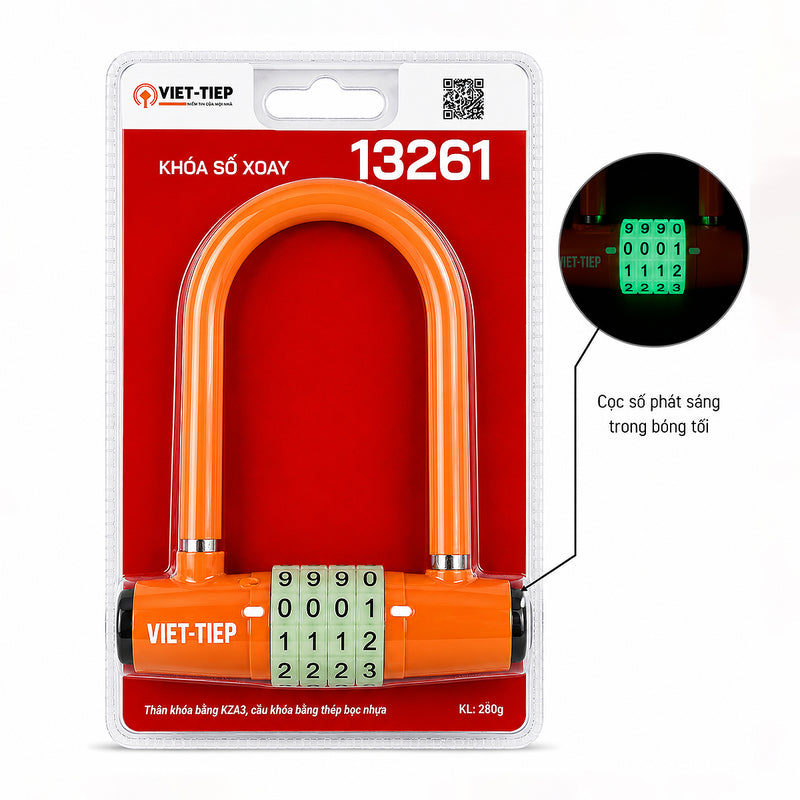 Ổ khóa chữ U 4 cọc số xoay Việt Tiệp, cọc số dạ quang phát sáng trong bóng tối