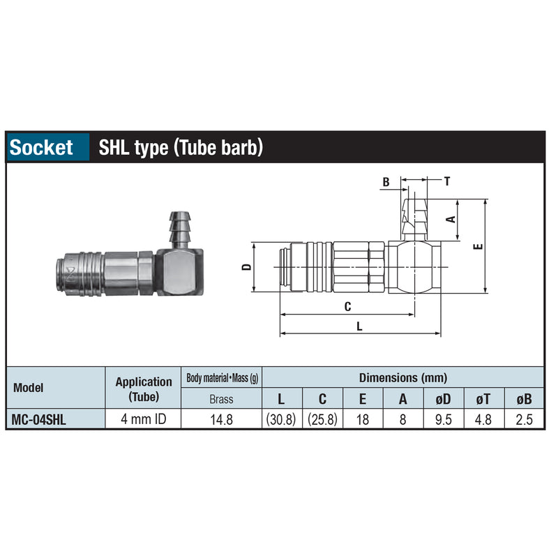 Đầu nối nhanh góc 90° Micro Cupla SHL-Type (Socket) MC-04SHL chất liệu đồng, kiểu đuôi gai nối ống mềm