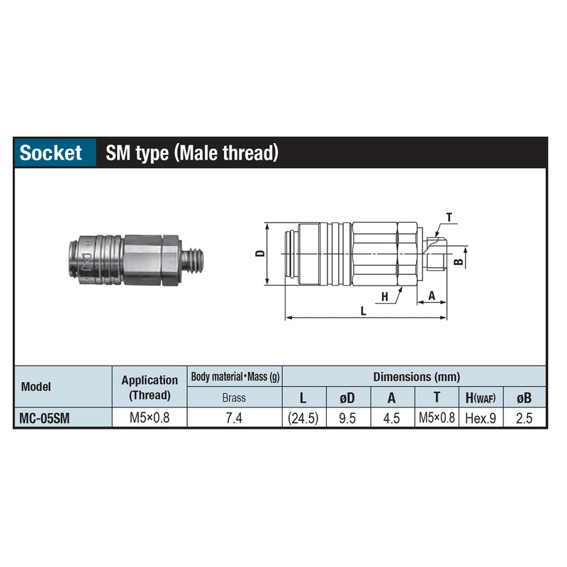 Đầu nối nhanh Micro Cupla SM-Type (Socket) MC-05SM chất liệu đồng, kiểu kết nối ren ngoài M5x0.8