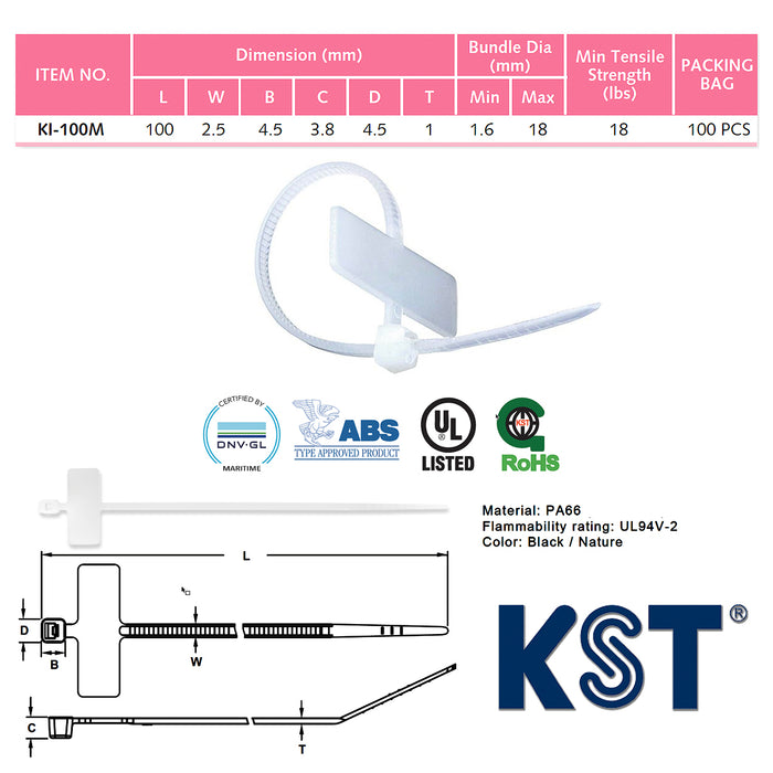 Dây rút KST có thẻ ghi chú khổ ngang, cổ rút nằm ngoài, dài 100mm, bản rộng 2.5mm, mã số KI-100M
