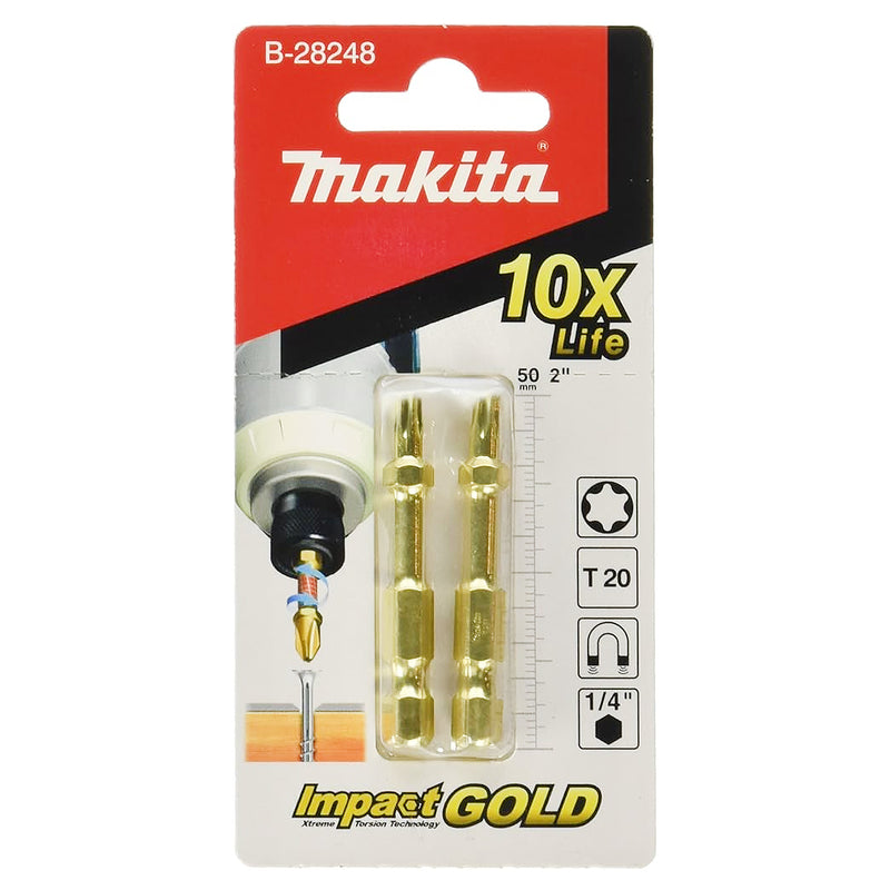 Vĩ 2 mũi vít đầu sao Torsion Impact Gold Makita kích thước từ T10 - T30, chiều dài 50mm, đuôi lục giác 6.35mm (1/4 inch)