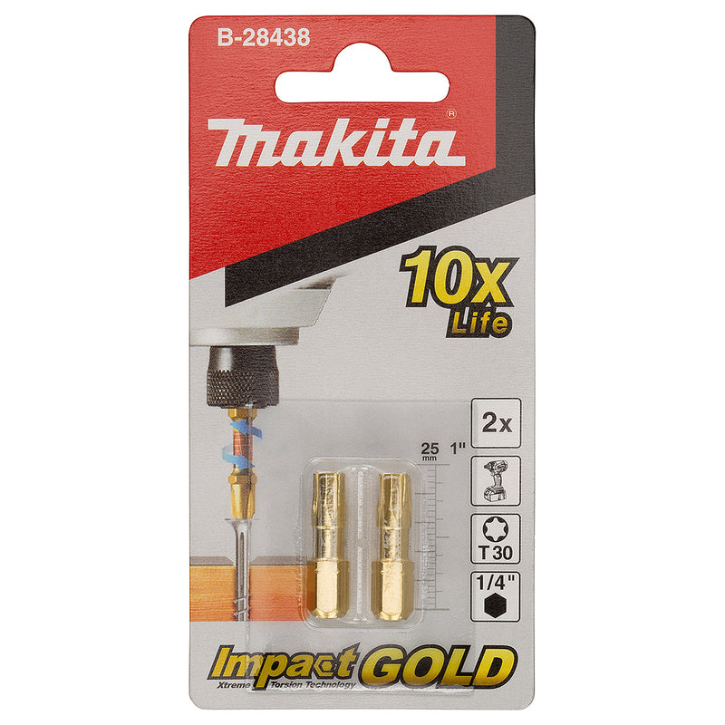 Vĩ 2 mũi vít sao Torsion Gold Impact Makita kích thước từ T15 - T30, chiều dài 25mm, đuôi lục giác 6.35mm (1/4 inch)