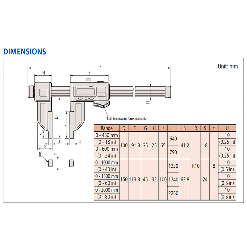 Thước kẹp điện tử Mitutoyo Series 552 Absolute Coolant Carbon Fiber, chuyên cho dãi đo lớn, hàm kẹp tiêu chuẩn