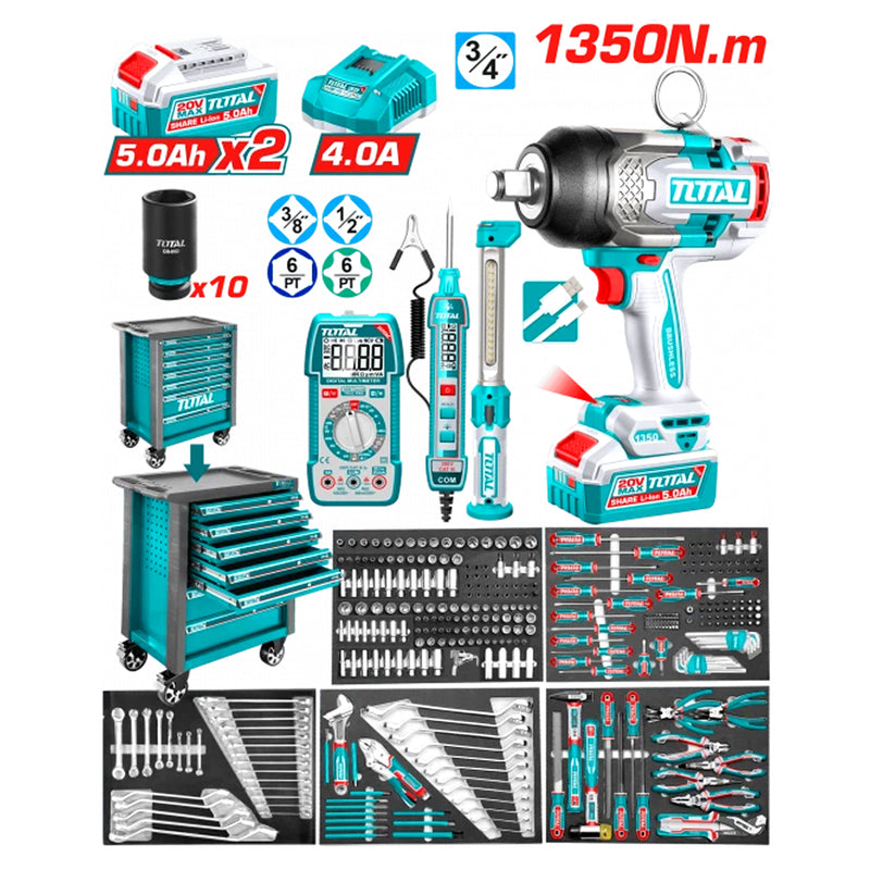 Bộ xe đẩy dụng cụ, kèm máy siết bu lông cốt 3/4 inch, 288 chi tiết Total THPTCS82882