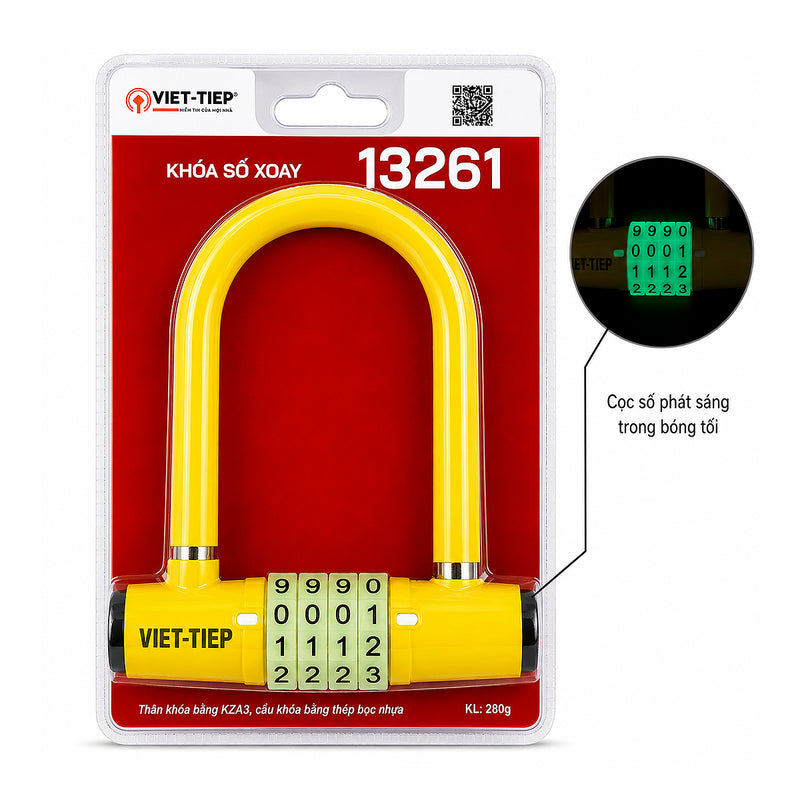 Ổ khóa chữ U 4 cọc số xoay Việt Tiệp, cọc số dạ quang phát sáng trong bóng tối
