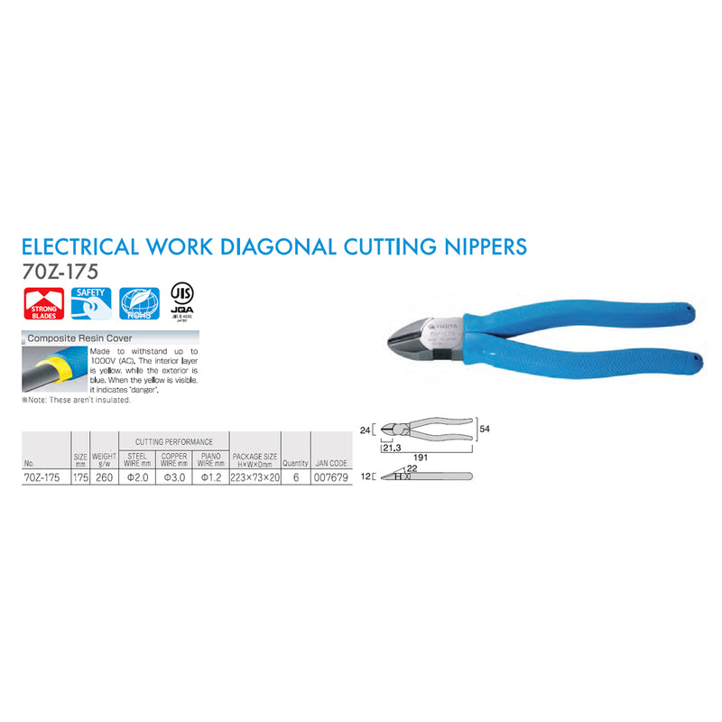 Kìm cắt, cách điện 1000V, lưỡi cong Fujiya 70Z-175 kích thước 175mm