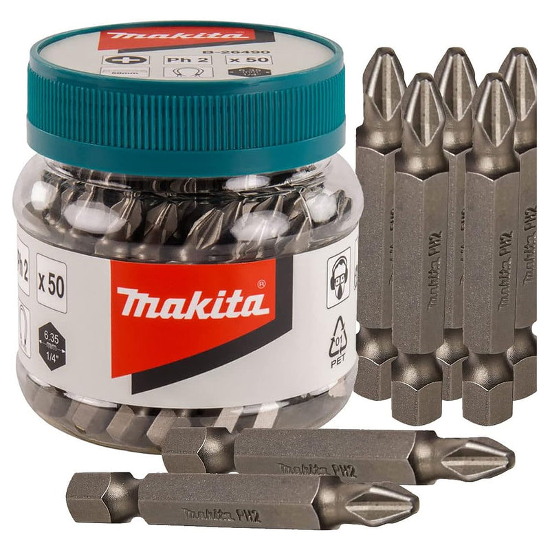 Hộp 50 mũi vít bake Makita B-26490 kích thước PH2 x 50mm, đuôi lục giác 6.35mm (1/4 inch)