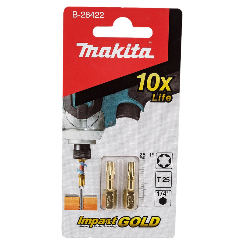 Vĩ 2 mũi vít sao Torsion Gold Impact Makita kích thước từ T15 - T30, chiều dài 25mm, đuôi lục giác 6.35mm (1/4 inch)
