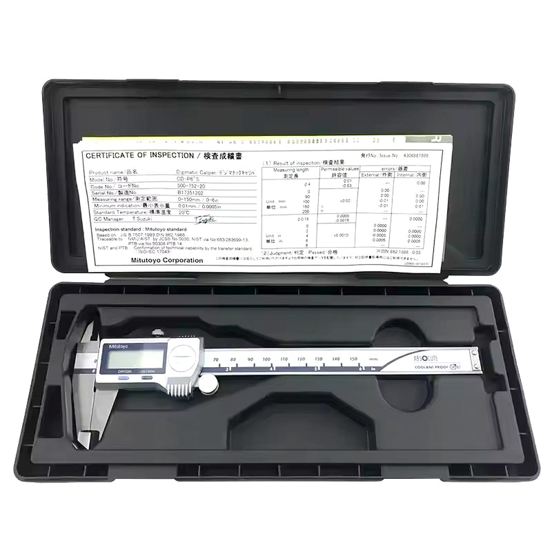 Thước kẹp điện tử Mitutoyo Absolute Coolant Proof 500 Series hệ Inch/mét, chống nước, kháng dầu, màn hình LCD lớn, có hoặc không cổng xuất dữ liệu, nằm trong hộp đựng màu đen kèm chứng nhận kiểm định.