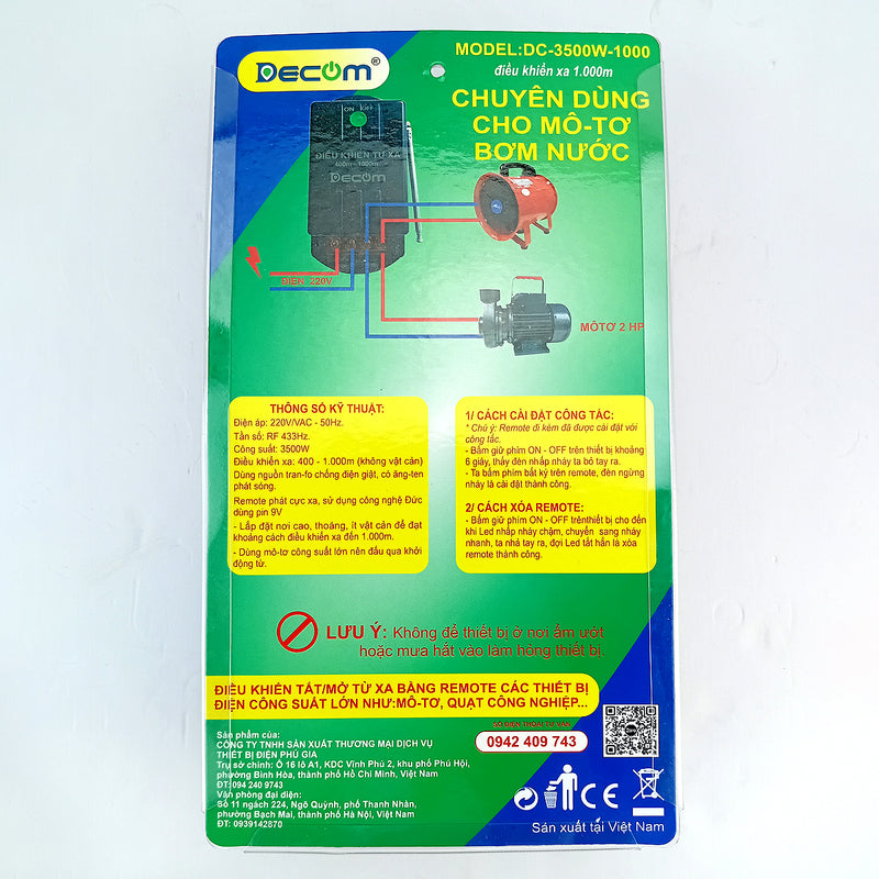 Thiết bị điều khiển từ xa Decom DC-3500W-1000 chuyên dùng cho mô tơ, khoảng cách điều khiển từ 20m - 800m