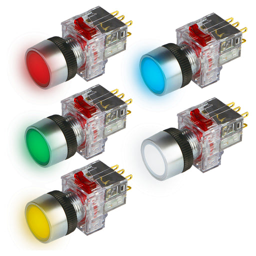 Công tắc nhấn tích hợp đèn báo, tròn bầu viền chrome Hanyoung Nux DRX-R series, Lỗ khoét Ø16mm