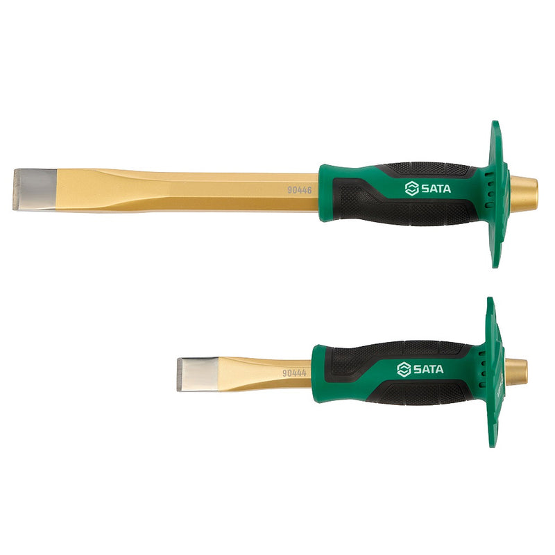 Bộ 2 mũi đục kim loại SATA 09166 đầu dẹp, thép Cr-V, tay cầm bọc mềm có bảo vệ tay.