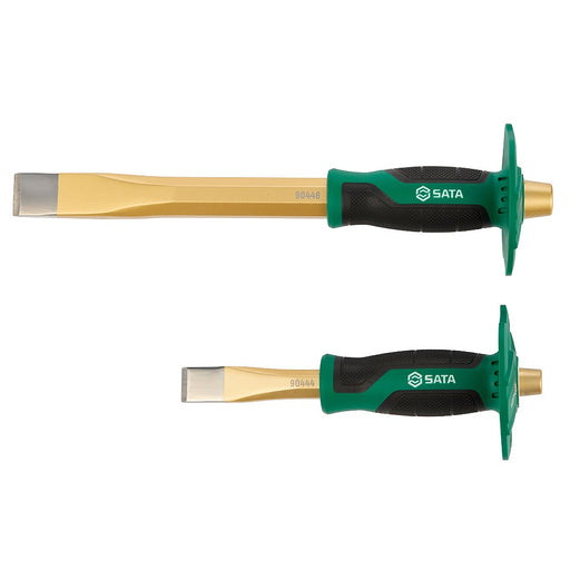 Bộ 2 mũi đục kim loại SATA 09166 đầu dẹp, thép Cr-V, tay cầm bọc mềm có bảo vệ tay.