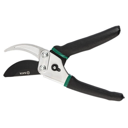 Kéo cắt tỉa cành SATA 23104, lưỡi thép SK5, tay cầm chống trượt, khóa an toàn.