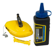 Bộ dây bật mực Stanley 47-443 bao gồm cuộn bật mực vỏ ABS màu vàng, lọ bột phấn màu xanh 113g và thước thủy kẹp dây màu vàng