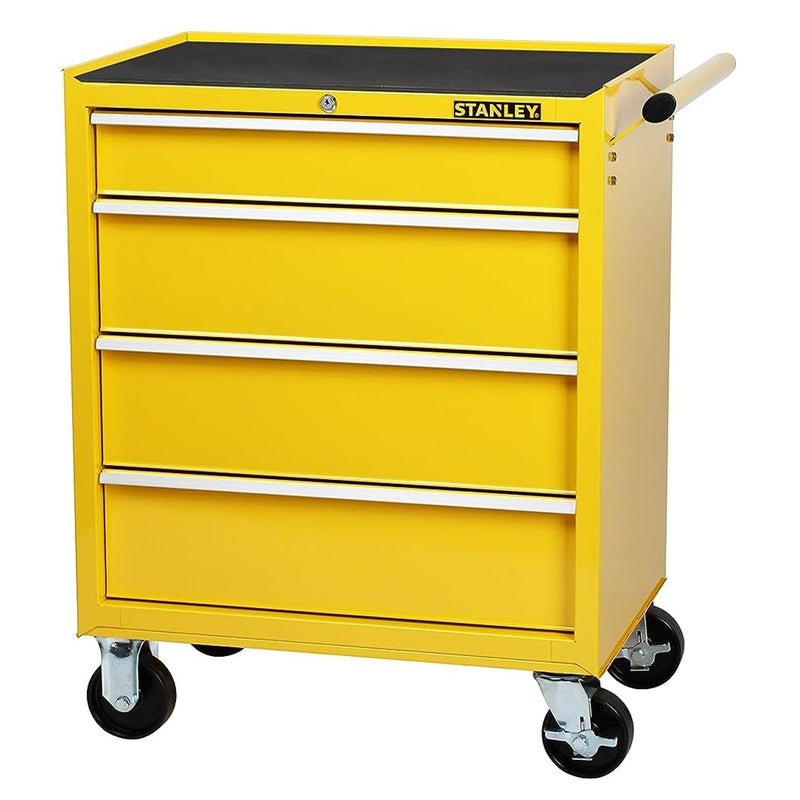 Tủ dụng cụ 4 ngăn kéo Stanley STMT1-75063 bằng thép sơn màu vàng mặt trên phủ thảm cao su 6mm kèm tay cầm và bánh xe xoay khóa an toàn