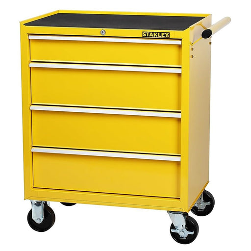 Tủ dụng cụ 4 ngăn kéo Stanley STMT1-75063 bằng thép sơn màu vàng mặt trên phủ thảm cao su 6mm kèm tay cầm và bánh xe xoay khóa an toàn