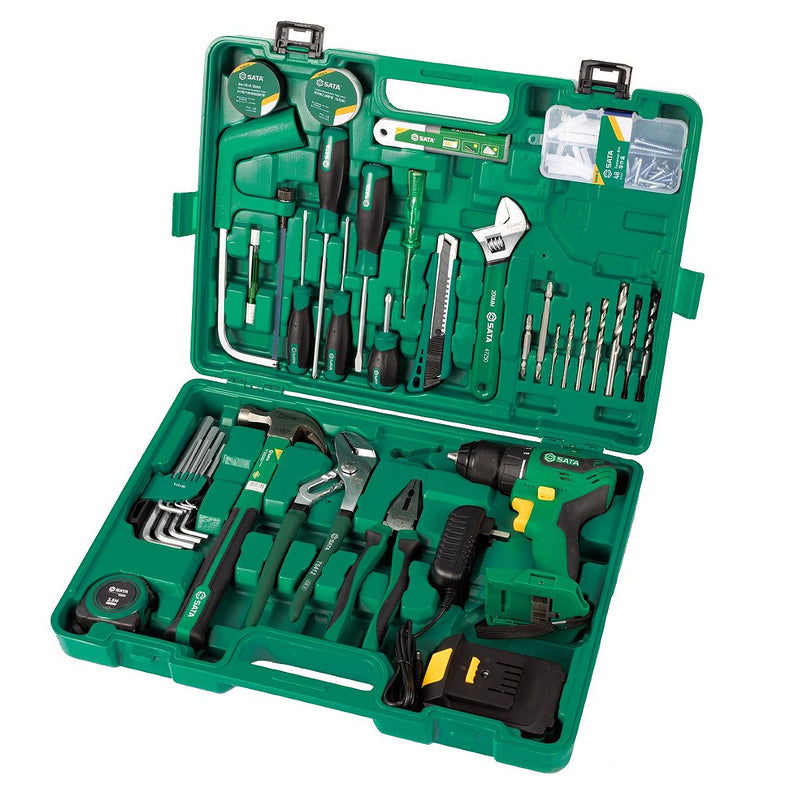 Bộ dụng cụ tổng hợp kèm máy khoan pin 18V SATA 99 chi tiết.