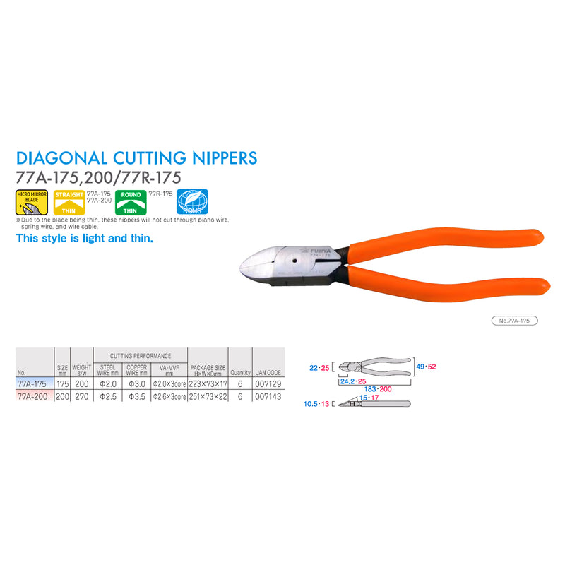 Kìm cắt, lưỡi phẳng Fujiya 77A Series kích thước từ 175mm - 200mm