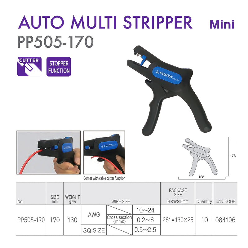 Kìm tuốt dây điện tự động Fujiya PP505-170 kích thước 170mm, khả năng tuốt dây từ 0.2mm² ~ 6.0mm² (10 AWG ~ 24 AWG)
