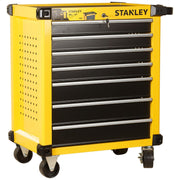 Tủ đựng dụng cụ 7 ngăn kéo Stanley STST4306-8 màu vàng đen kèm tấm bên đục lỗ, ray bi trượt, khóa trung tâm và bánh xe phanh