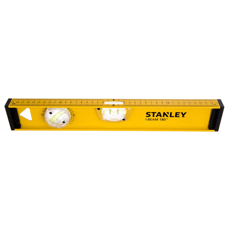 Thước thủy nhôm chữ I Stanley I-Beam 180° dài 400mm - 1000mm màu vàng có 3 lọ thủy xoay 180°, cạnh thước tích hợp thang đo và hai đầu bọc cao su chống va đập