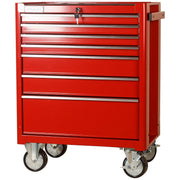 Tủ đựng dụng cụ 7 ngăn kéo Stanley 93-557L khung thép màu đỏ tay cầm nhôm có ray trượt gia cường, khóa chìa và bánh xe nylon phanh an toàn