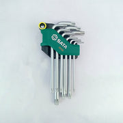 Bộ lục giác đầu sao SATA 09702, 9 chi tiết, cỡ T10-T50, thép S2, mạ chrome, tay dài, có lỗ bảo mật.
