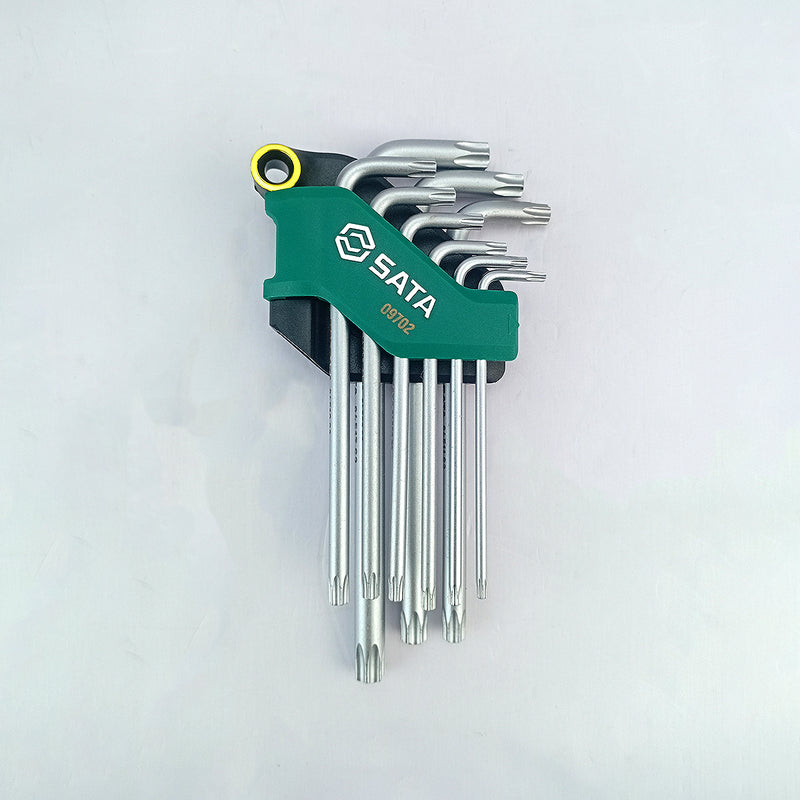 Bộ lục giác đầu sao SATA 09702, 9 chi tiết, cỡ T10-T50, thép S2, mạ chrome, tay dài, có lỗ bảo mật.