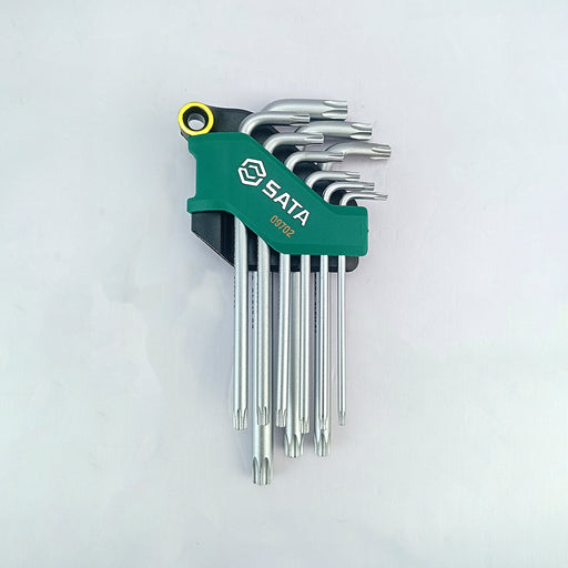 Bộ lục giác đầu sao SATA 09702, 9 chi tiết, cỡ T10-T50, thép S2, mạ chrome, tay dài, có lỗ bảo mật.