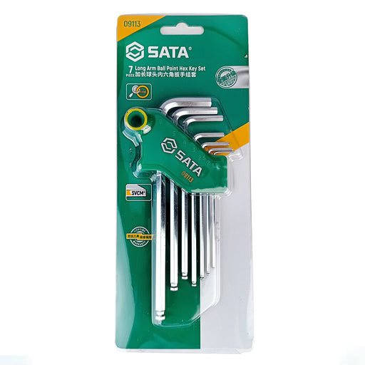 Bộ lục giác đầu bi SATA 09113 hệ mét 7 chi tiết, 1.5mm-6mm, thép hợp kim SVCM+, mạ chrome, giá đỡ cánh bướm