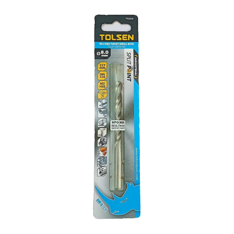 Mũi khoan Inox HSS/M2 đuôi trơn công nghiệp.  Size 1mm ~ 13mm TOLSEN, tiêu chuẩn DIN338 (Split point 135°)