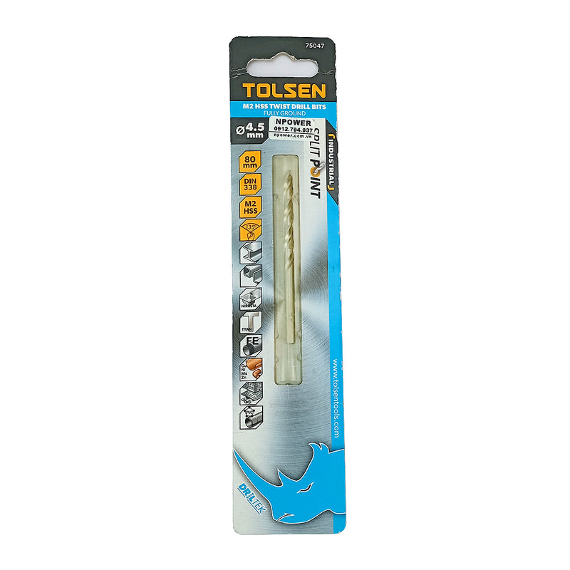 Mũi khoan Inox HSS/M2 đuôi trơn công nghiệp.  Size 1mm ~ 13mm TOLSEN, tiêu chuẩn DIN338 (Split point 135°)