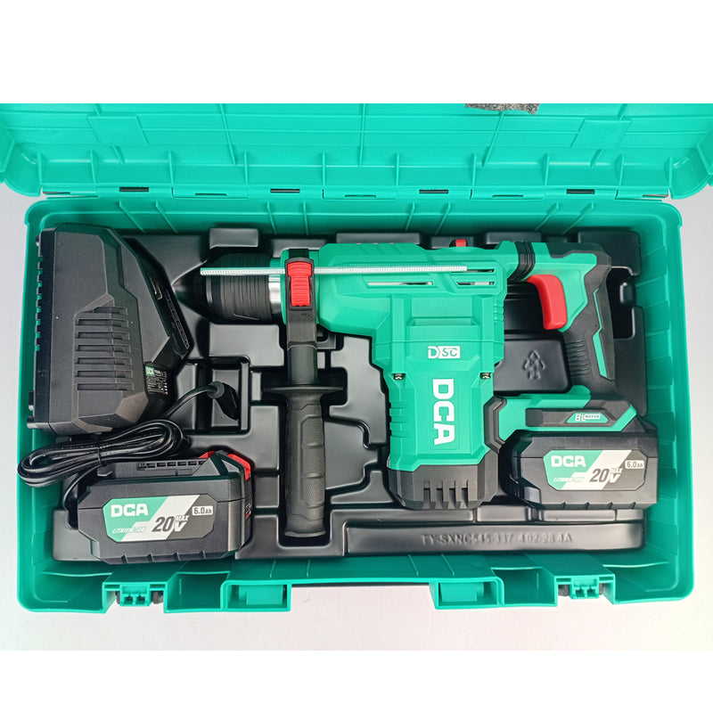 Máy khoan bê tông pin 20V Max DCA ADZC02-28, khả năng khoan 28mm, đầu gài SDS-Plus, 3 chế độ, động cơ không chổi than, công suất 1000W, lực búa 3.5 Jul, có chông rung.